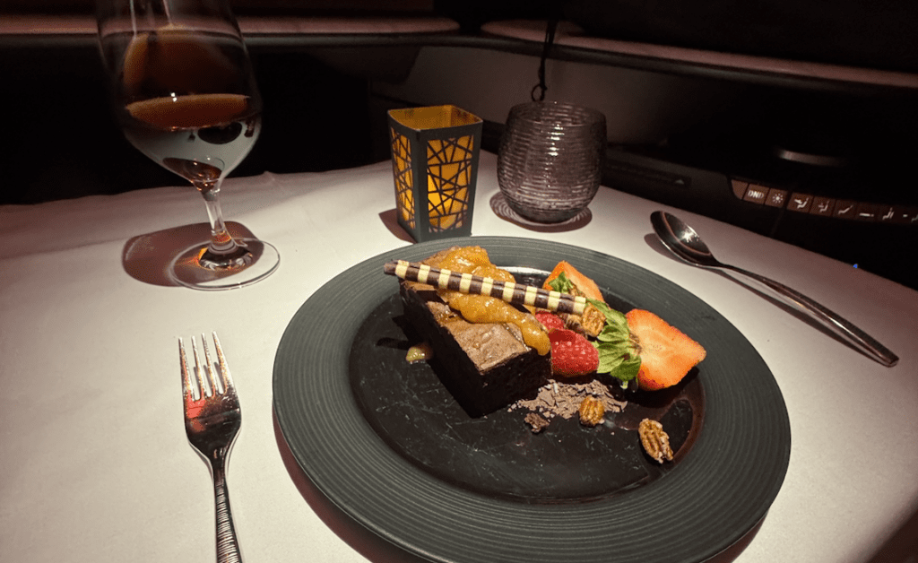 Chocolate Brownie and Port Wine on Qatar Airways Qsuite Business Class 